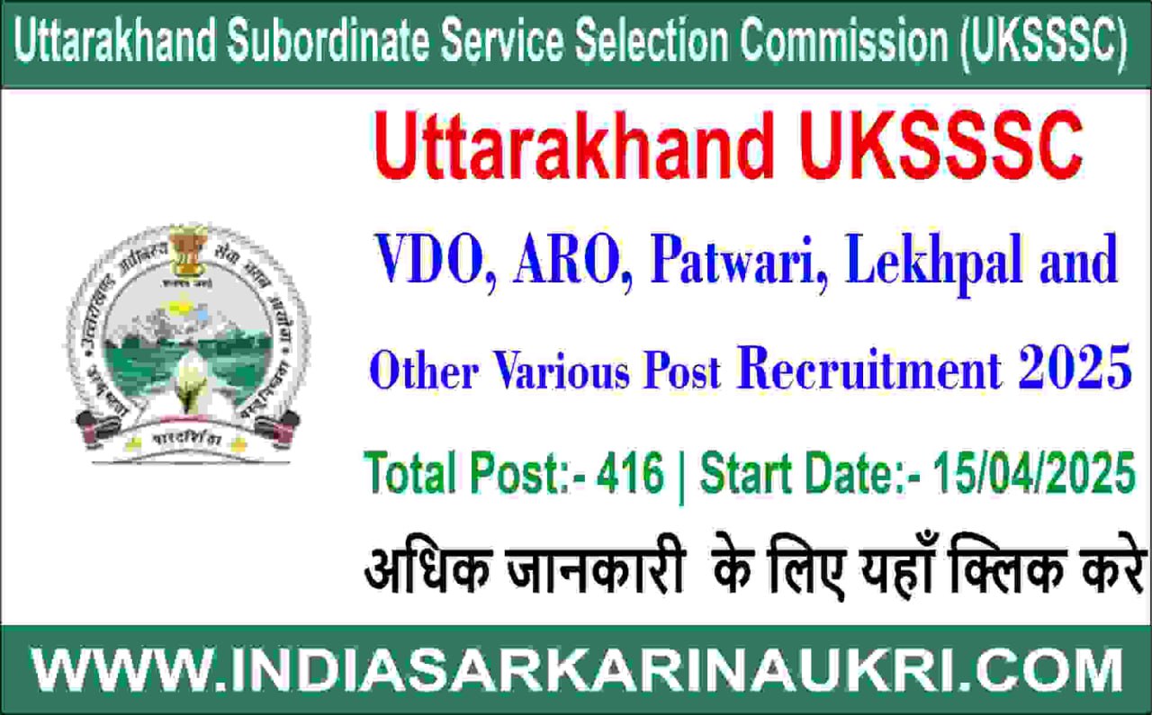 UKSSSC VDO, ARO, Patwari, Lekh pal and Other Various Post Recruitment 2025 Apply for 416 Post